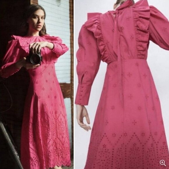 Zara Pink Eyelet Embroidered Midi Dress, Size Small NEW WITH TAG! - Picture 5 of 15